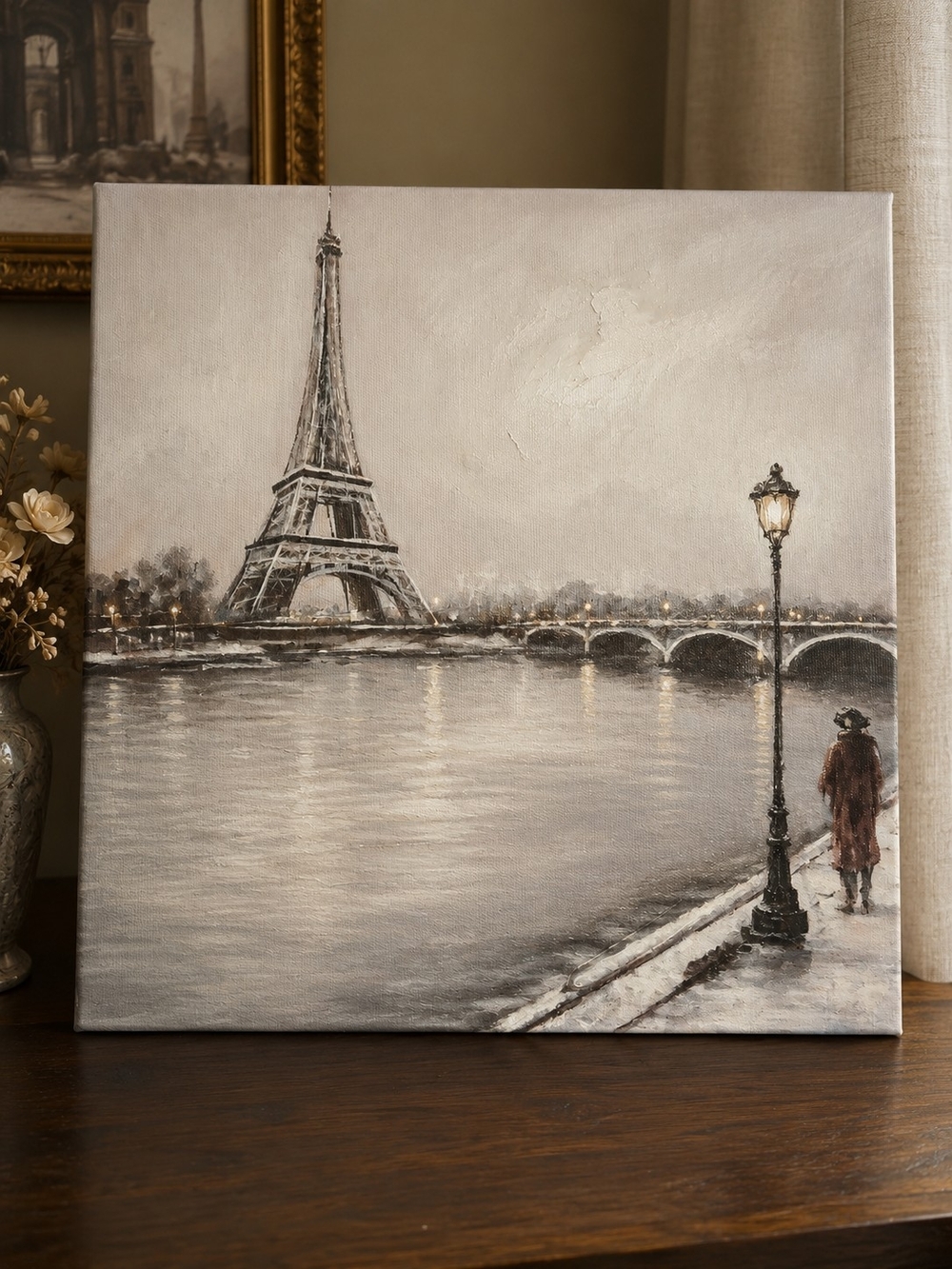 12" Eiffel Tower Paris Canvas Print Woman In Red La Seine Bridge Black & White